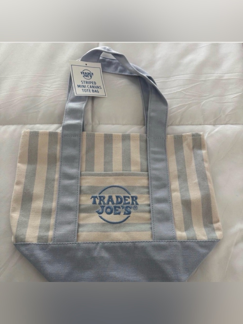 Trader Joe’s Mini Canvas Blue and Cream Striped  Tote Bag. Brand new with tags